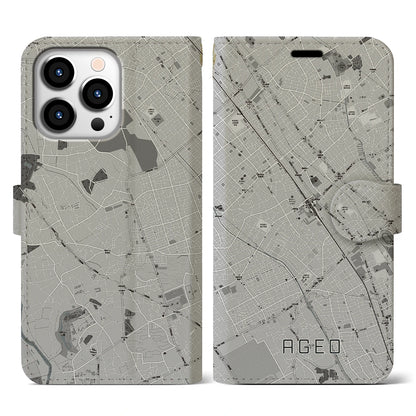 【上尾（埼玉県）】地図柄iPhoneケース（手帳タイプ）モノトーン・iPhone 13 Pro 用