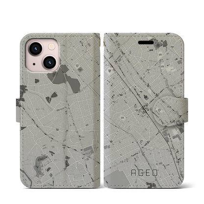 【上尾（埼玉県）】地図柄iPhoneケース（手帳タイプ）モノトーン・iPhone 13 mini 用