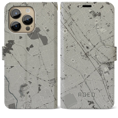 【上尾（埼玉県）】地図柄iPhoneケース（手帳タイプ）モノトーン・iPhone 14 Pro Max 用