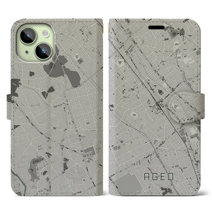 【上尾（埼玉県）】地図柄iPhoneケース（手帳タイプ）モノトーン・iPhone 15 用