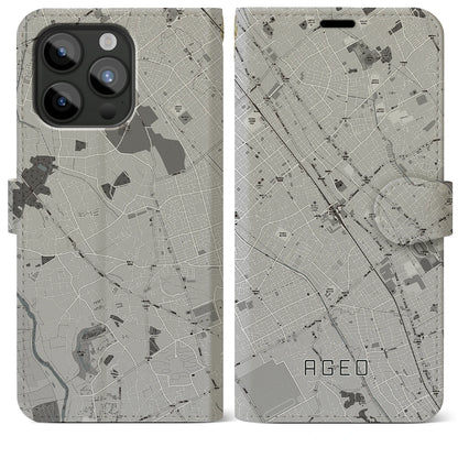 【上尾（埼玉県）】地図柄iPhoneケース（手帳タイプ）モノトーン・iPhone 15 Pro Max 用