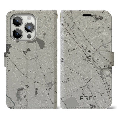 【上尾（埼玉県）】地図柄iPhoneケース（手帳タイプ）モノトーン・iPhone 15 Pro 用