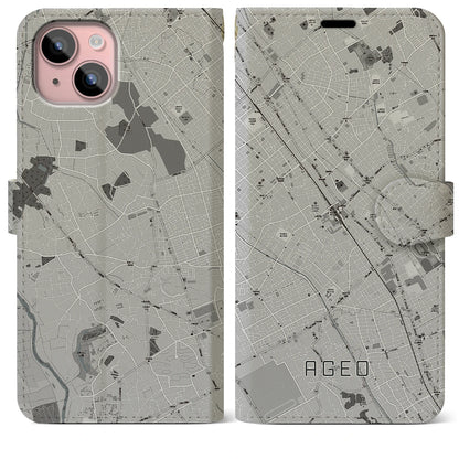 【上尾（埼玉県）】地図柄iPhoneケース（手帳タイプ）モノトーン・iPhone 15 Plus 用