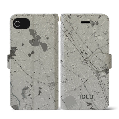 【上尾（埼玉県）】地図柄iPhoneケース（手帳タイプ）モノトーン・iPhone SE（第3 / 第2世代） / 8 / 7 / 6s / 6 用