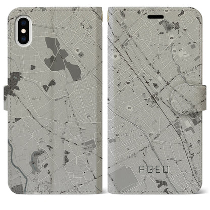 【上尾（埼玉県）】地図柄iPhoneケース（手帳タイプ）モノトーン・iPhone XS Max 用