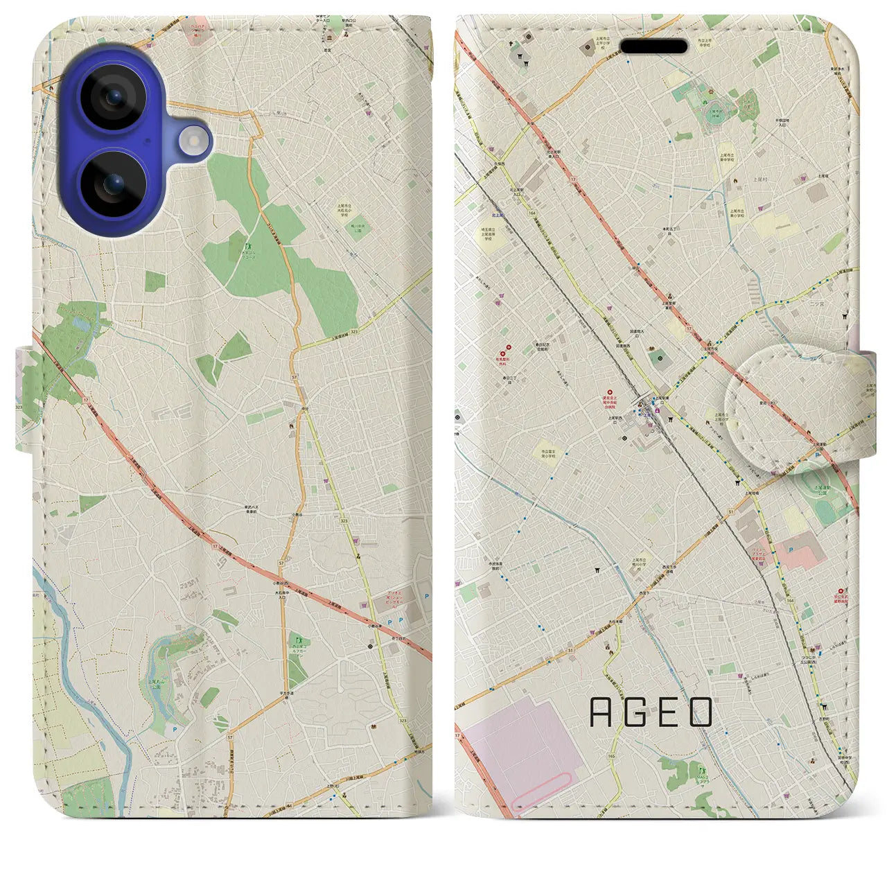 【上尾（埼玉県）】地図柄iPhoneケース（手帳タイプ）ナチュラル・iPhone 16 Pro Max 用