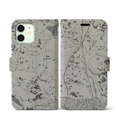 【阿久比（愛知県）】地図柄iPhoneケース（手帳タイプ）モノトーン・iPhone 12 mini 用