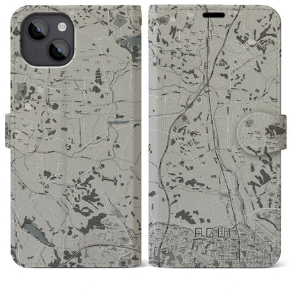 【阿久比（愛知県）】地図柄iPhoneケース（手帳タイプ）モノトーン・iPhone 14 Plus 用