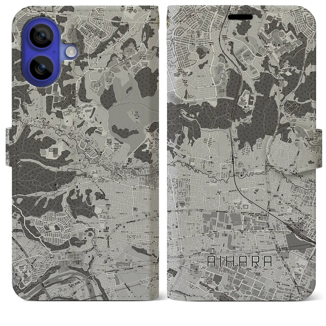 【相原(東京都)】地図柄iPhoneケース(手帳タイプ)モノトーン・iPhone 16 Pro Max 用