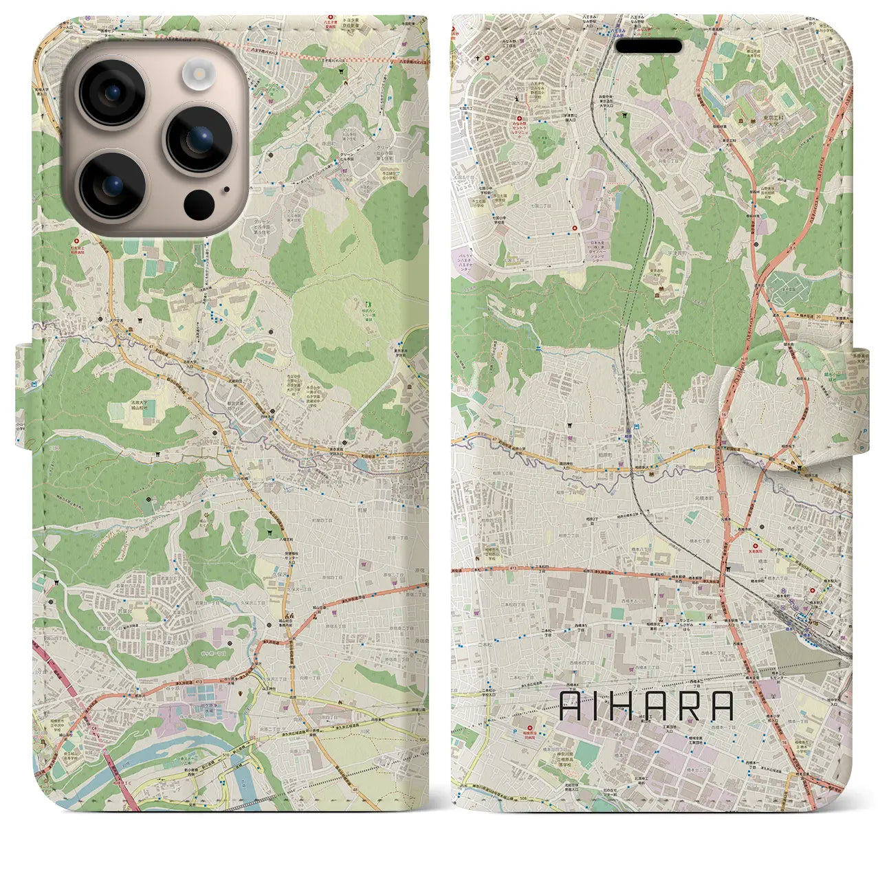 【相原（東京都）】地図柄iPhoneケース（手帳タイプ）ナチュラル・iPhone 16 Plus 用