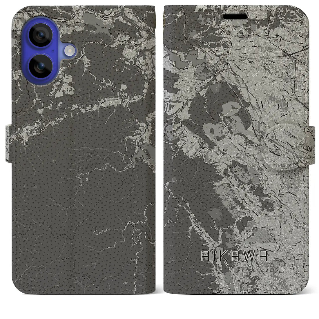 【愛川（神奈川県）】地図柄iPhoneケース（手帳タイプ）モノトーン・iPhone 16 Pro Max 用
