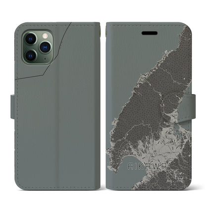 【相川（新潟県）】地図柄iPhoneケース（手帳タイプ）モノトーン・iPhone 11 Pro 用