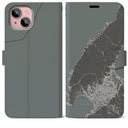 【相川（新潟県）】地図柄iPhoneケース（手帳タイプ）モノトーン・iPhone 15 Plus 用