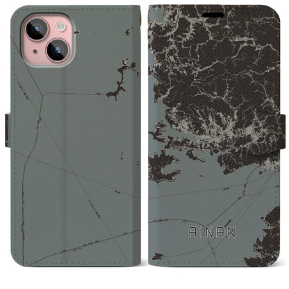 【愛南（愛媛県）】地図柄iPhoneケース（手帳タイプ）モノトーン・iPhone 15 Plus 用