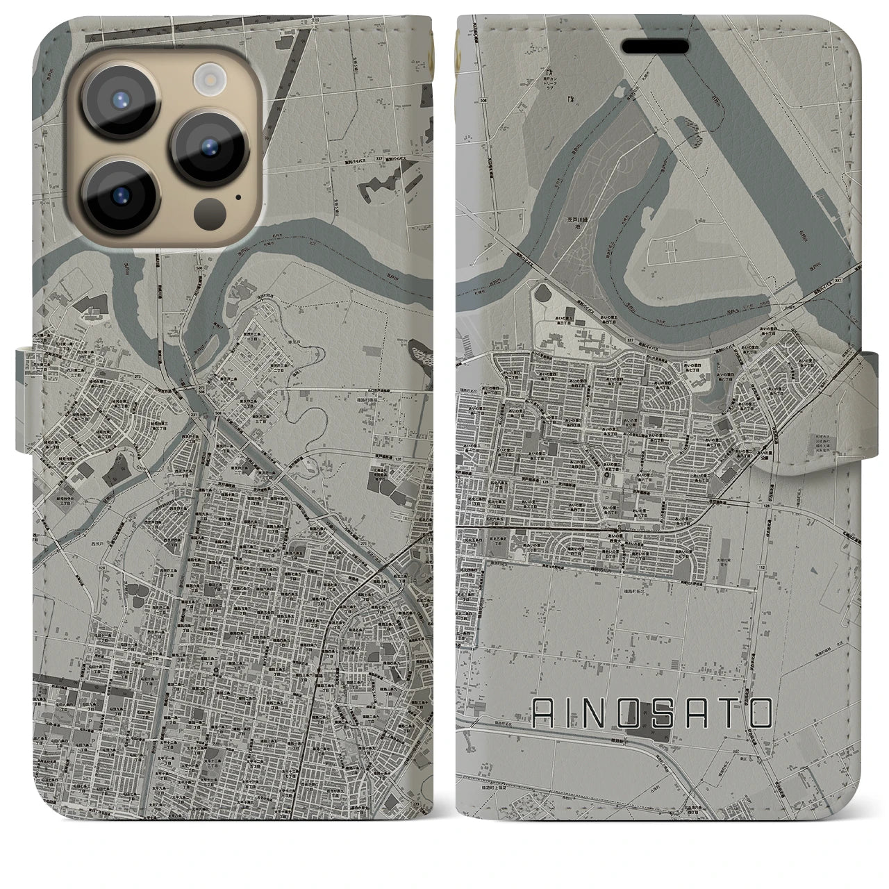 【あいの里】地図柄iPhoneケース（手帳両面タイプ・モノトーン）iPhone 14 Pro Max 用