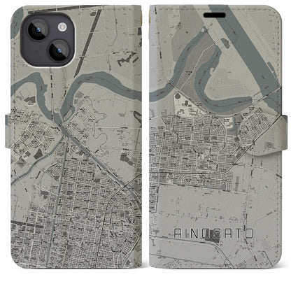 【あいの里（北海道）】地図柄iPhoneケース（手帳タイプ）モノトーン・iPhone 14 Plus 用