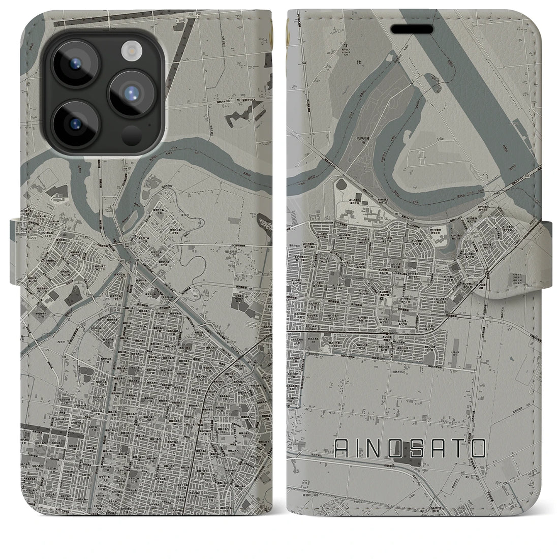 【あいの里】地図柄iPhoneケース（手帳両面タイプ・モノトーン）iPhone 15 Pro Max 用