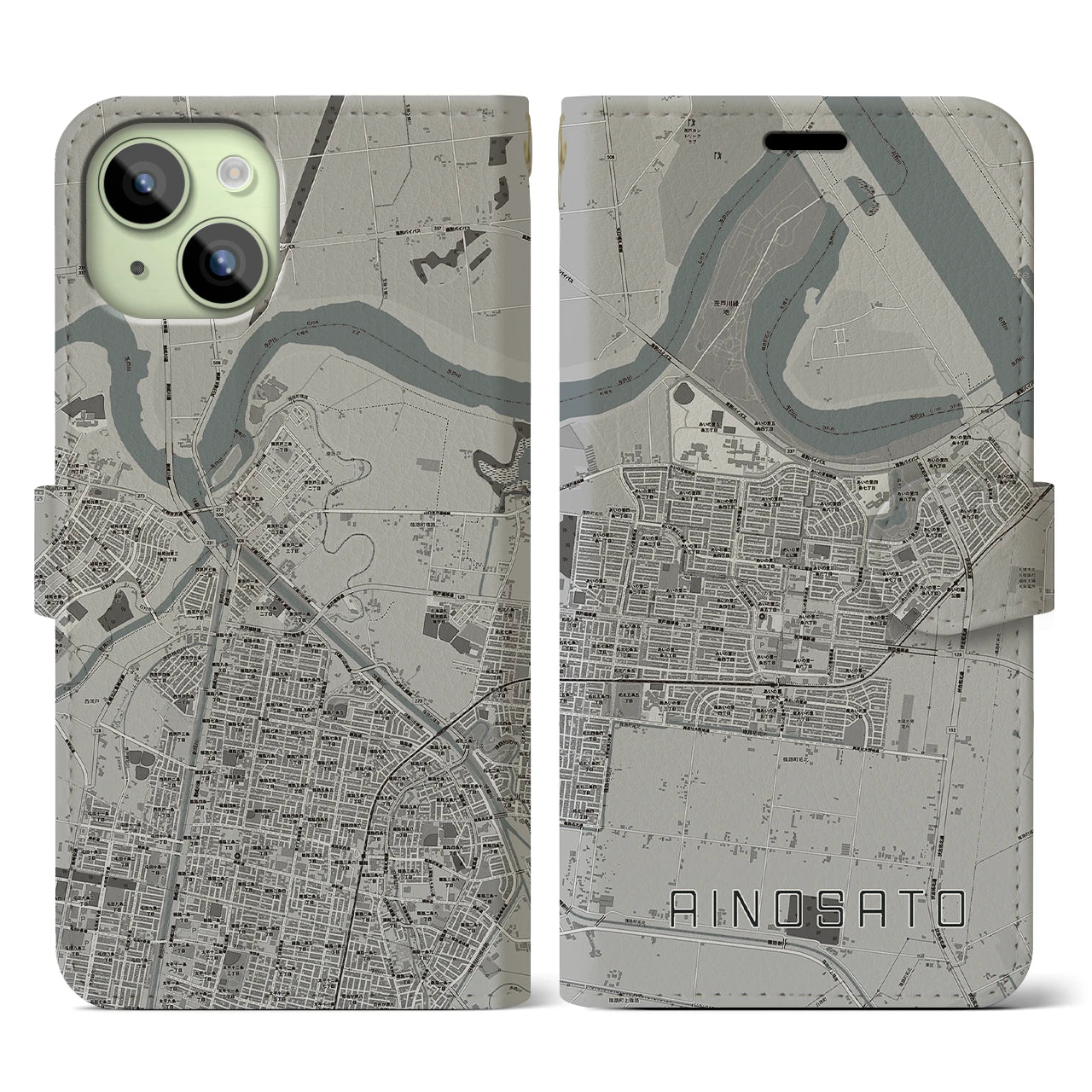 【あいの里】地図柄iPhoneケース（手帳両面タイプ・モノトーン）iPhone 15 用