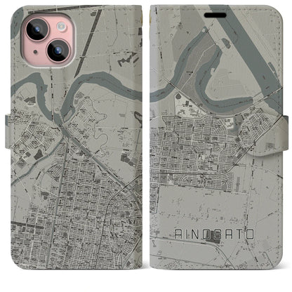 【あいの里（北海道）】地図柄iPhoneケース（手帳タイプ）モノトーン・iPhone 15 Plus 用