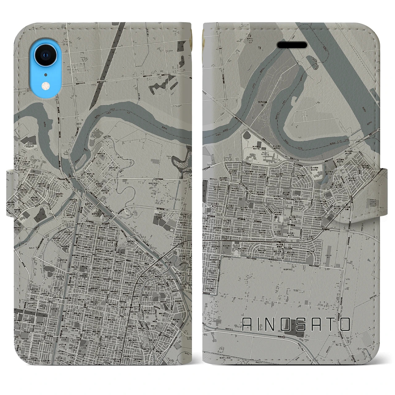 【あいの里】地図柄iPhoneケース（手帳両面タイプ・モノトーン）iPhone XR 用