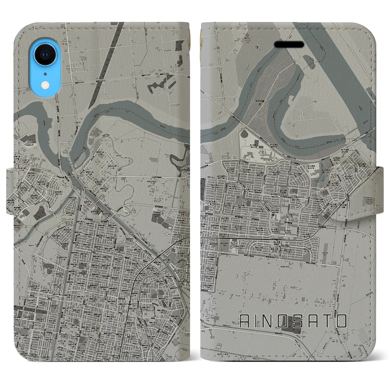 【あいの里（北海道）】地図柄iPhoneケース（手帳タイプ）モノトーン・iPhone XR 用