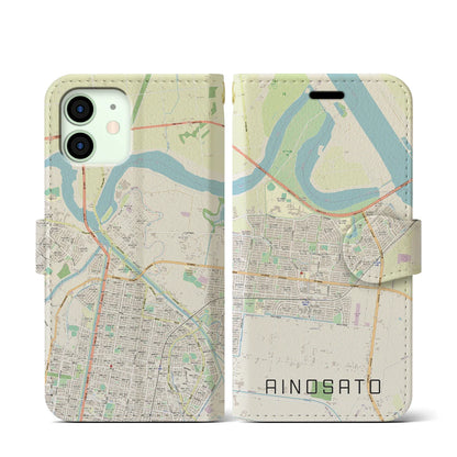 【あいの里（北海道）】地図柄iPhoneケース（手帳タイプ）ナチュラル・iPhone 12 mini 用