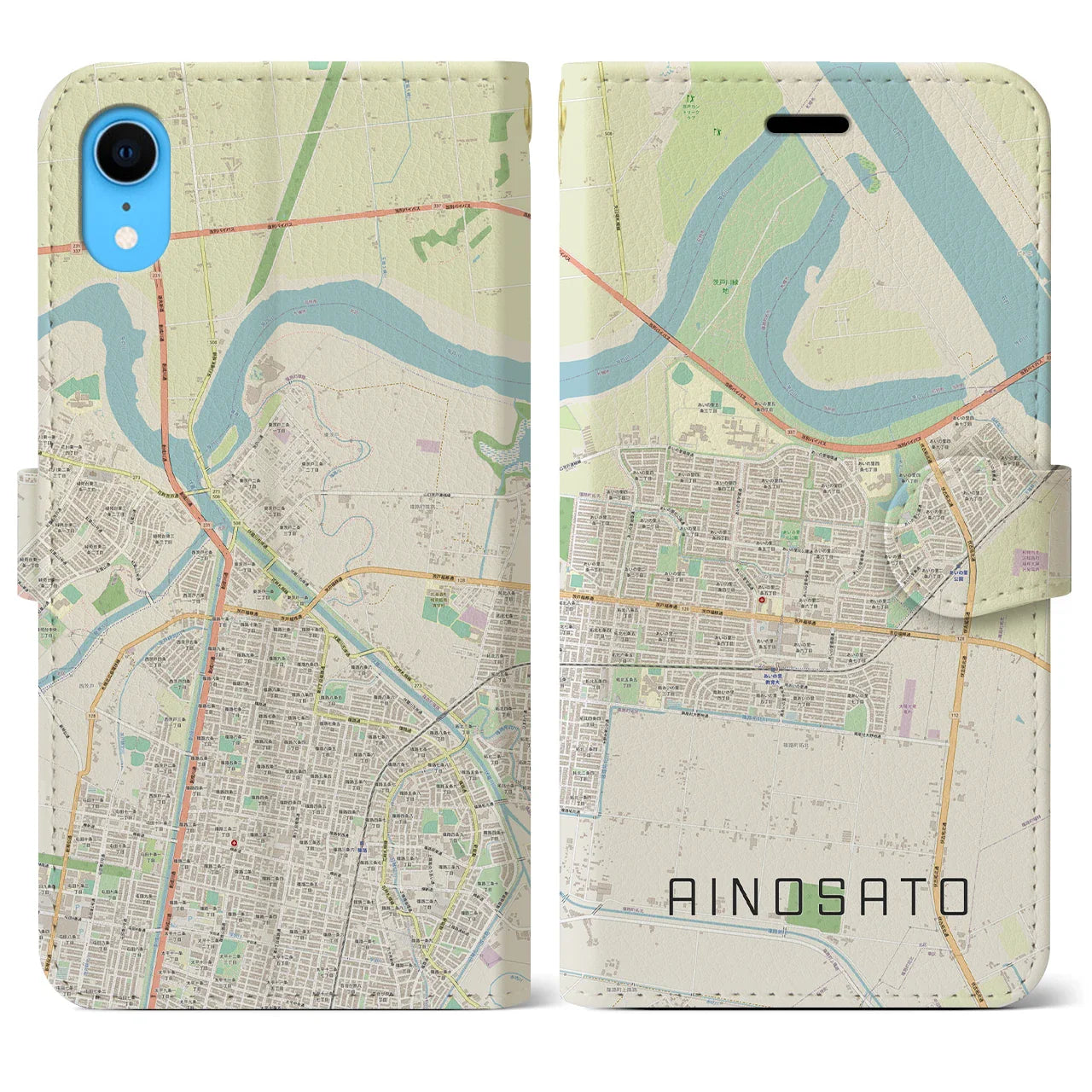 【あいの里（北海道）】地図柄iPhoneケース（手帳タイプ）ナチュラル・iPhone XR 用