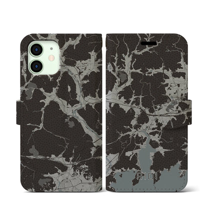 【相生（兵庫県）】地図柄iPhoneケース（手帳タイプ）モノトーン・iPhone 12 mini 用