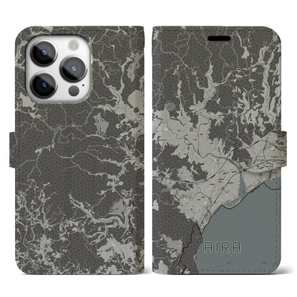 【姶良（鹿児島県）】地図柄iPhoneケース（手帳タイプ）モノトーン・iPhone 14 Pro 用