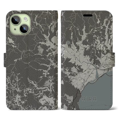 【姶良（鹿児島県）】地図柄iPhoneケース（手帳タイプ）モノトーン・iPhone 15 用