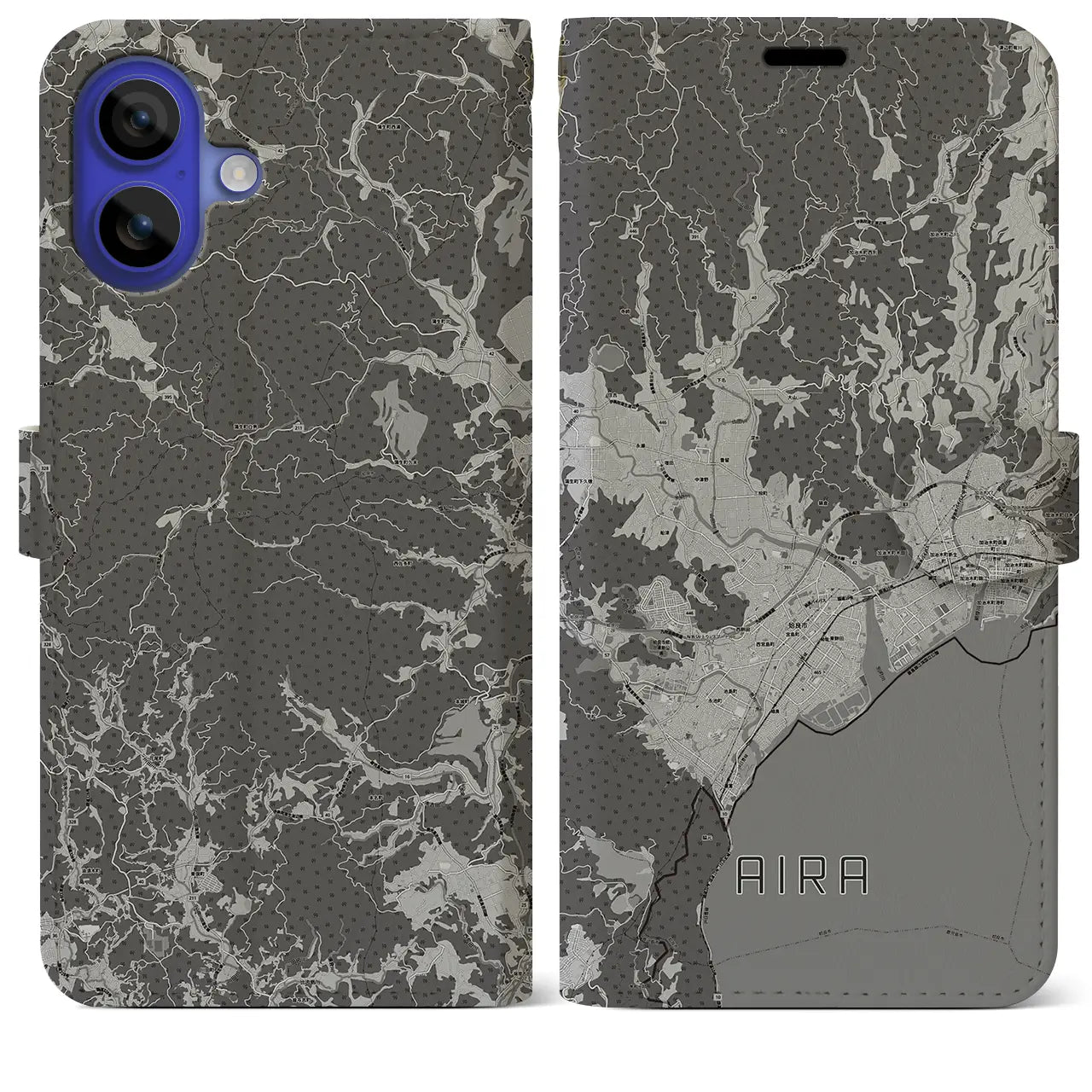 【姶良（鹿児島県）】地図柄iPhoneケース（手帳タイプ）モノトーン・iPhone 16 Pro Max 用