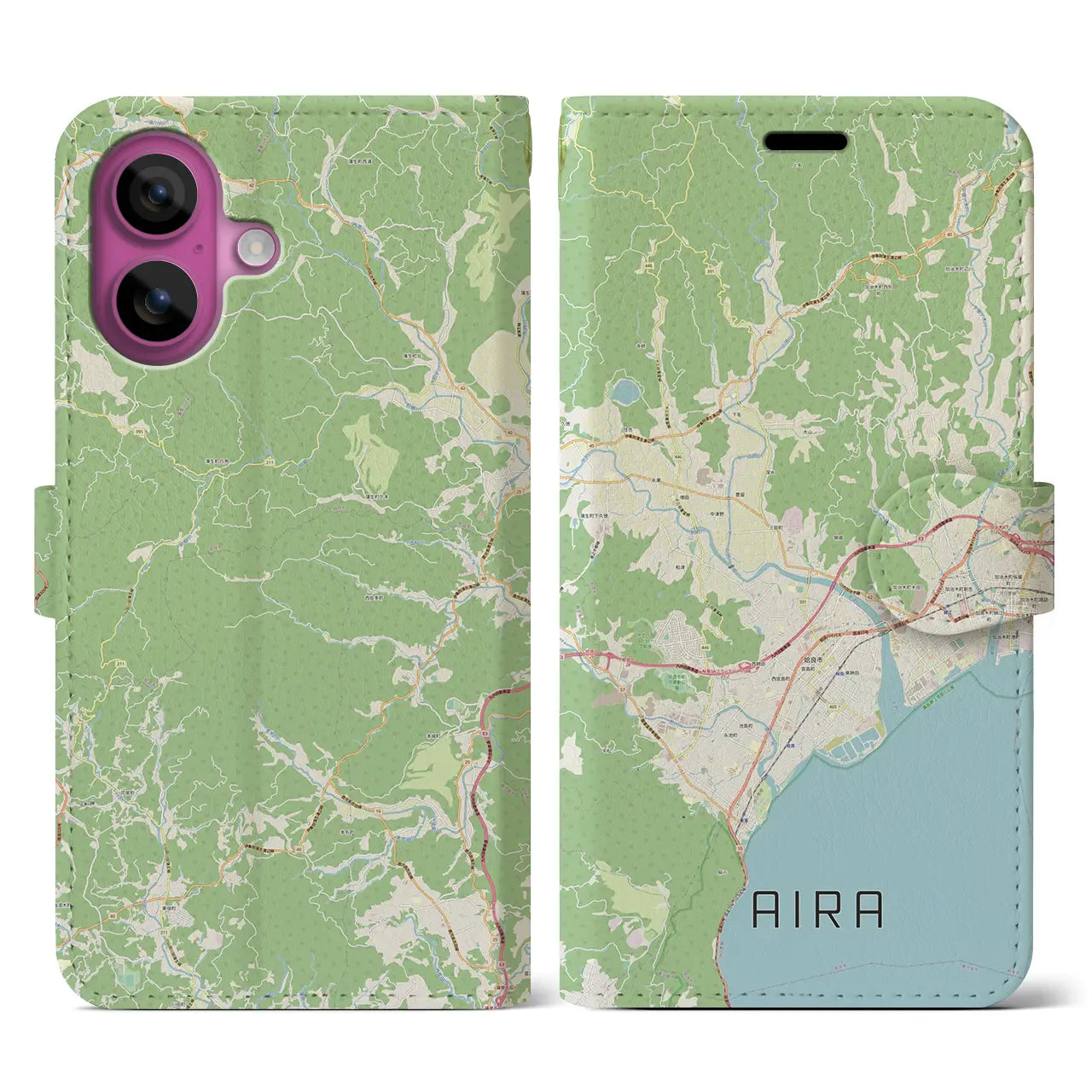 【姶良（鹿児島県）】地図柄iPhoneケース（手帳タイプ）ナチュラル・iPhone 16 Pro 用