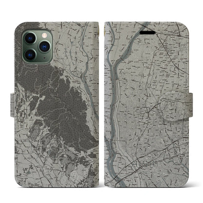 【愛西（愛知県）】地図柄iPhoneケース（手帳タイプ）モノトーン・iPhone 11 Pro 用