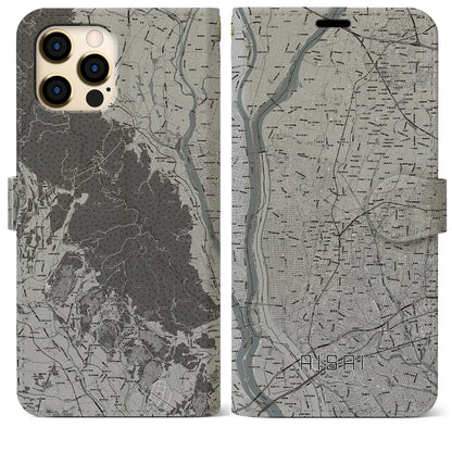 【愛西（愛知県）】地図柄iPhoneケース（手帳タイプ）モノトーン・iPhone 12 Pro Max 用