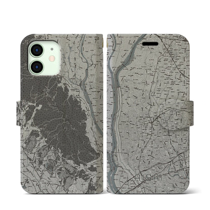 【愛西（愛知県）】地図柄iPhoneケース（手帳タイプ）モノトーン・iPhone 12 mini 用