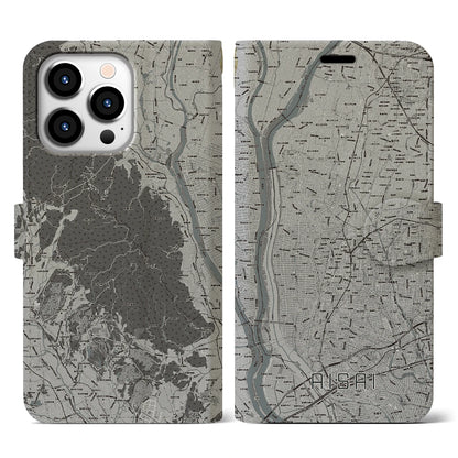 【愛西（愛知県）】地図柄iPhoneケース（手帳タイプ）モノトーン・iPhone 13 Pro 用