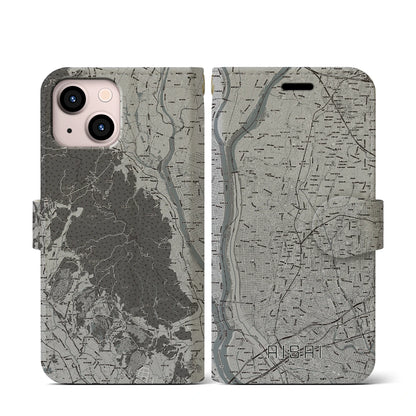 【愛西（愛知県）】地図柄iPhoneケース（手帳タイプ）モノトーン・iPhone 13 mini 用