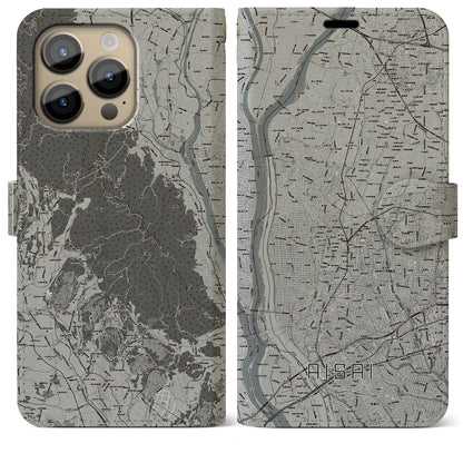 【愛西（愛知県）】地図柄iPhoneケース（手帳タイプ）モノトーン・iPhone 14 Pro Max 用