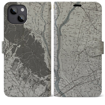 【愛西（愛知県）】地図柄iPhoneケース（手帳タイプ）モノトーン・iPhone 14 Plus 用
