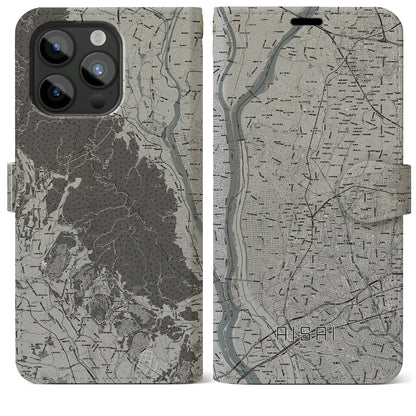 【愛西（愛知県）】地図柄iPhoneケース（手帳タイプ）モノトーン・iPhone 15 Pro Max 用