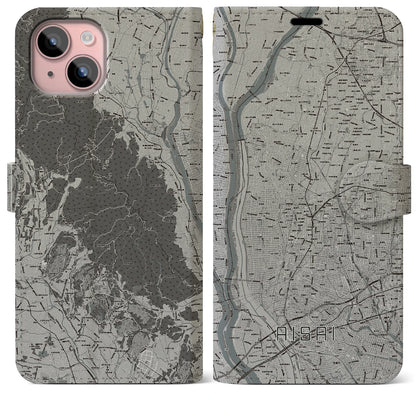 【愛西（愛知県）】地図柄iPhoneケース（手帳タイプ）モノトーン・iPhone 15 Plus 用