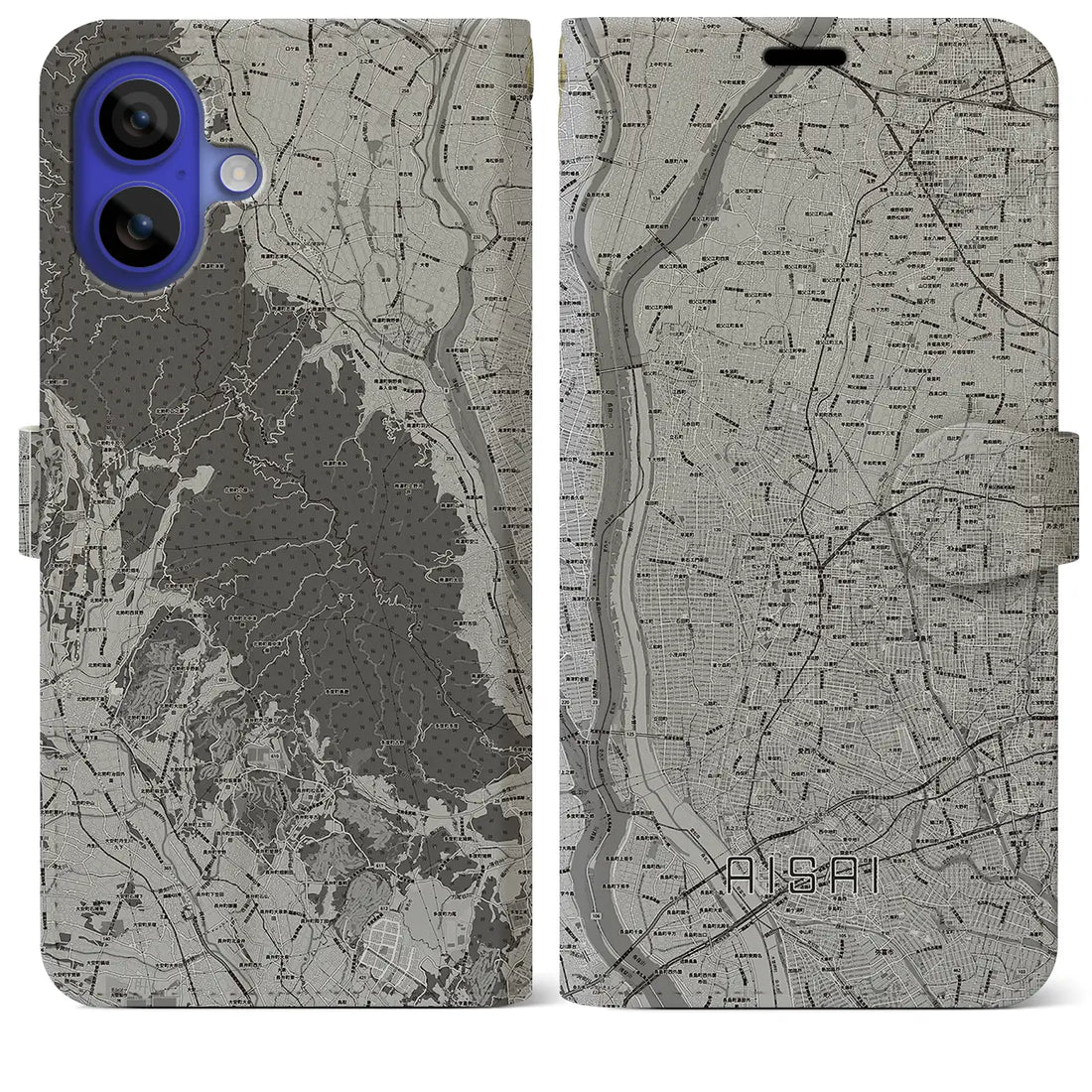 【愛西(愛知県)】地図柄iPhoneケース(手帳タイプ)モノトーン・iPhone 16 Pro Max 用