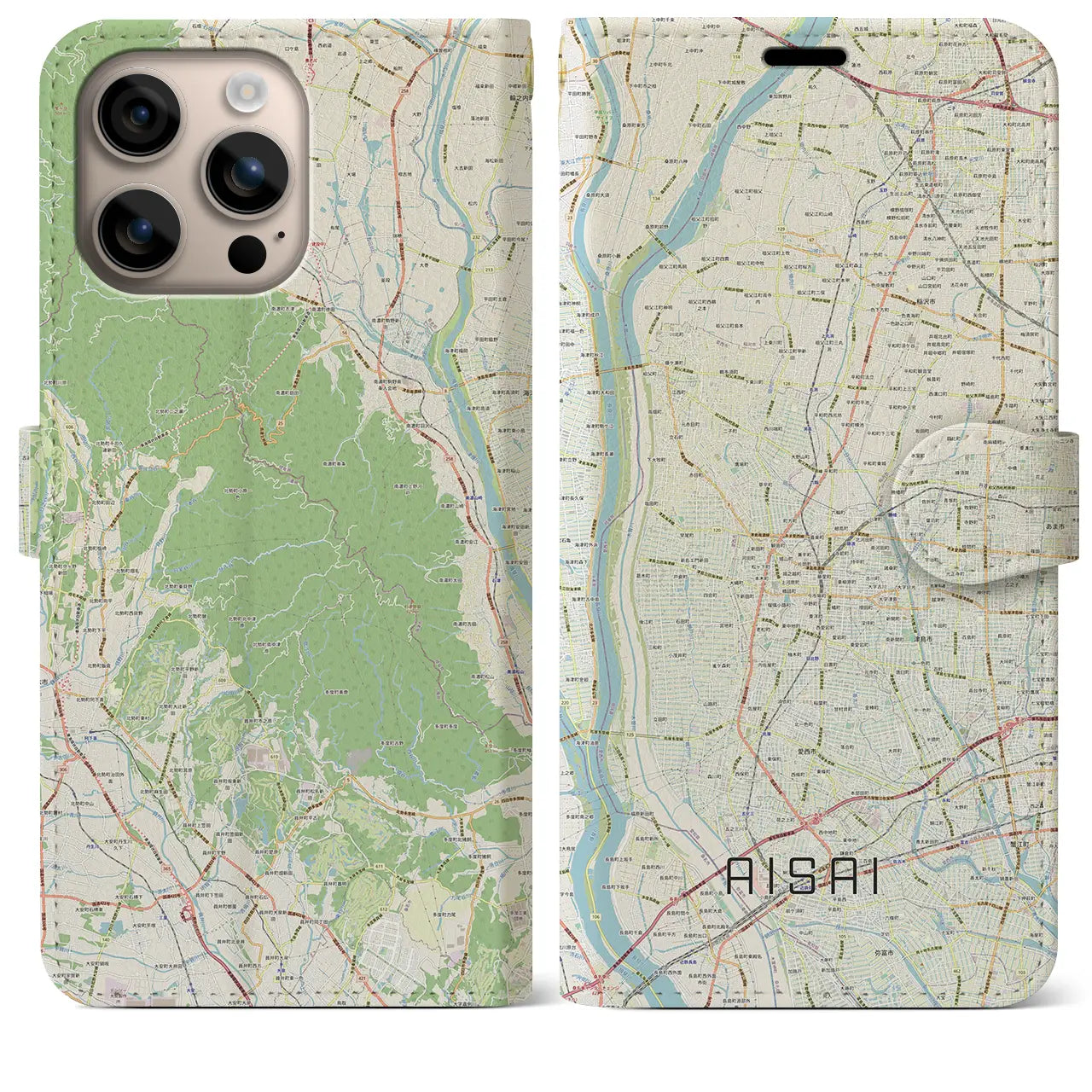 【愛西（愛知県）】地図柄iPhoneケース（手帳タイプ）ナチュラル・iPhone 16 Plus 用