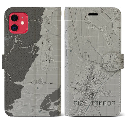 【会津高田（福島県）】地図柄iPhoneケース（手帳タイプ）モノトーン・iPhone 11 用