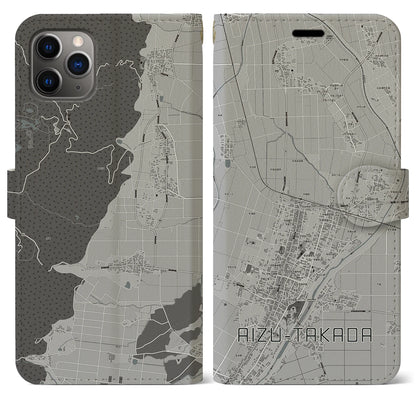 【会津高田（福島県）】地図柄iPhoneケース（手帳タイプ）モノトーン・iPhone 11 Pro Max 用