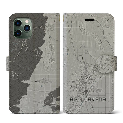 【会津高田（福島県）】地図柄iPhoneケース（手帳タイプ）モノトーン・iPhone 11 Pro 用
