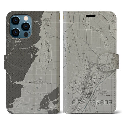 【会津高田（福島県）】地図柄iPhoneケース（手帳タイプ）モノトーン・iPhone 12 / 12 Pro 用