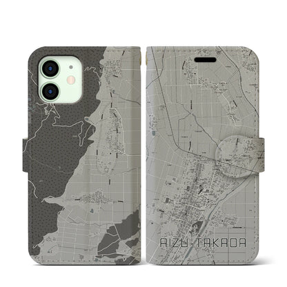 【会津高田（福島県）】地図柄iPhoneケース（手帳タイプ）モノトーン・iPhone 12 mini 用