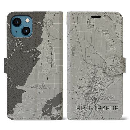 【会津高田（福島県）】地図柄iPhoneケース（手帳タイプ）モノトーン・iPhone 13 用