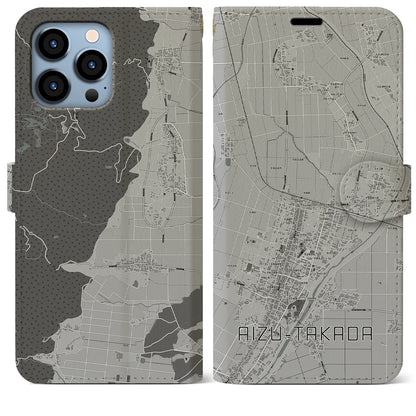 【会津高田（福島県）】地図柄iPhoneケース（手帳タイプ）モノトーン・iPhone 13 Pro Max 用